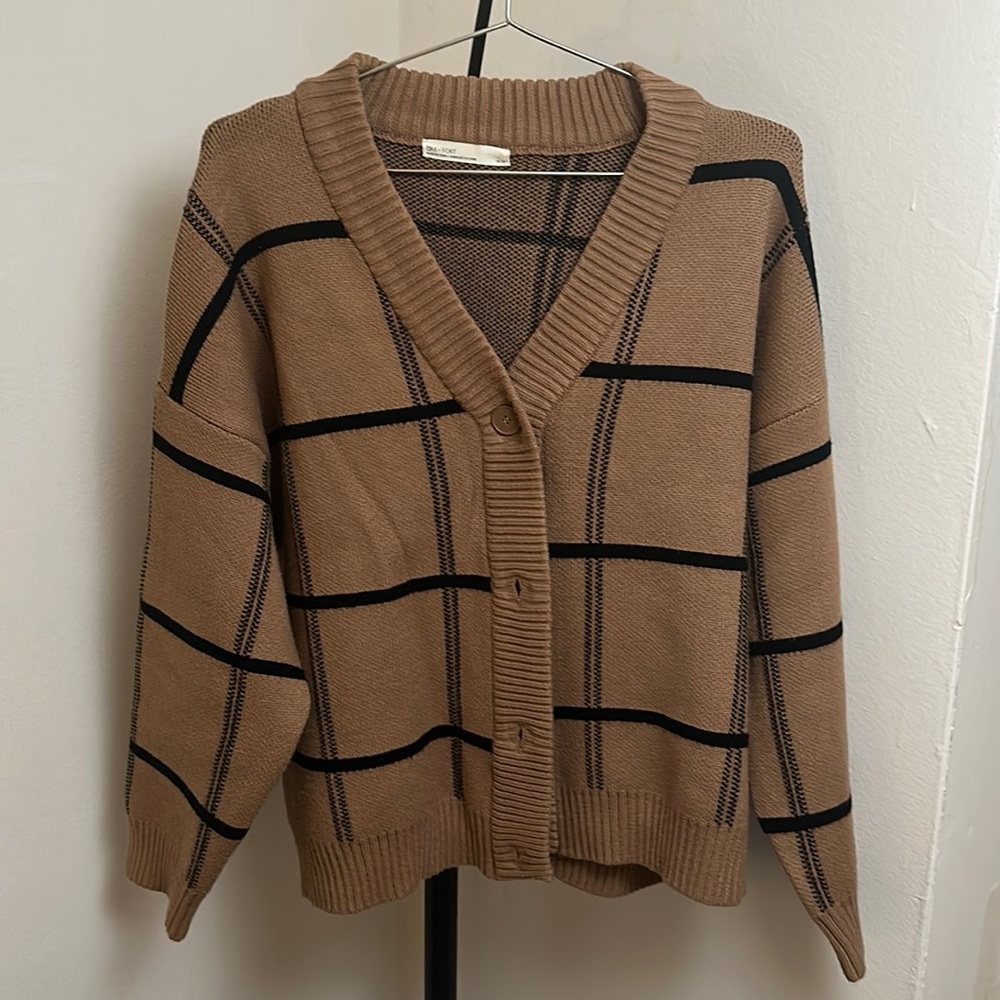 OAK + FORT Brown Plaid Button-Up Cardigan